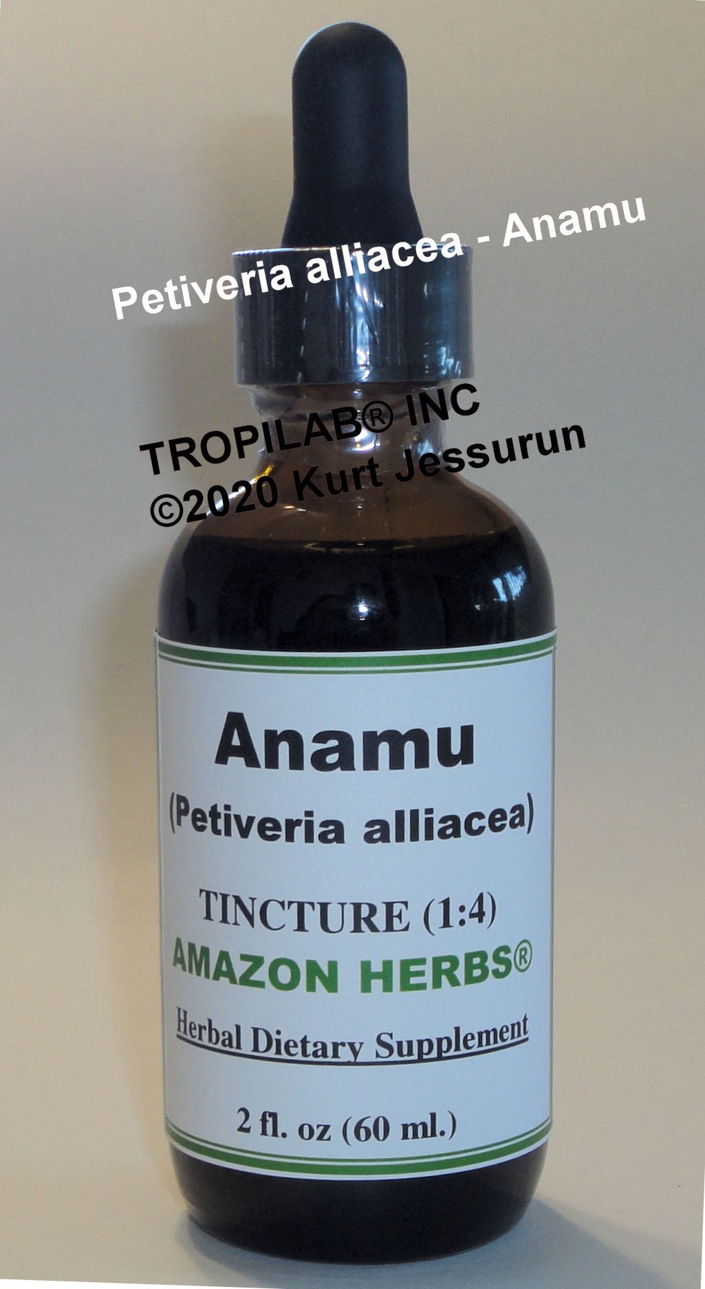 Petiveria Alliacea - Anamu tincture; Tropilab. Traditionally used for many medicinal applications, such as boosting immunity, 
fighting cancers, reducing inflammation, alleviate pain, antioxidant)