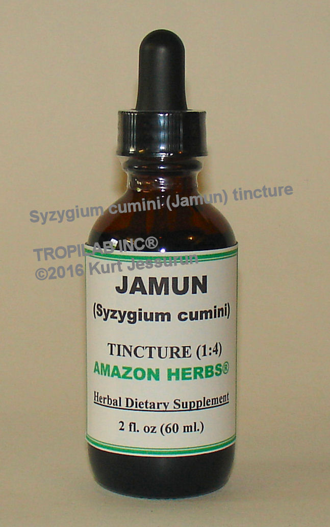 Syzygium cumini (Jamun) tincture - Tropilab. It has applications as a carminative, against diarrhea, 
stomachache, astringent, diuretic and anti diabetic. Also used against enlargement of the spleen and in the treatment of lung problems