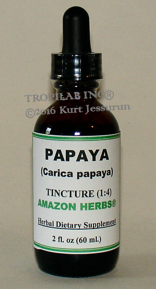 Papaja tincture (Carica papaya) - Tropilab. Papaya tincture contains natural enzymes papain and chemopapain used in treatments, such as arthritis and intestinal worms.