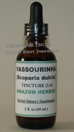 Scoparia dulcis-Vassourinha (Broom weed) tincture only for US$18.65 per 2 fl oz. Vassourinha inhibits tumors, is anti-viral, reduces
 inflammation, reduces swellings and pain. Also used as a blood purifier and for liver - and stomach disorders, hypoglycemic
 properties. Very effective in treatment of diabetes.